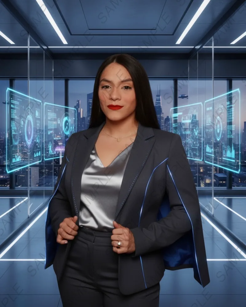 Corporate futuristic AI Photo Booth concept of a guest in a suit with holographic city displays