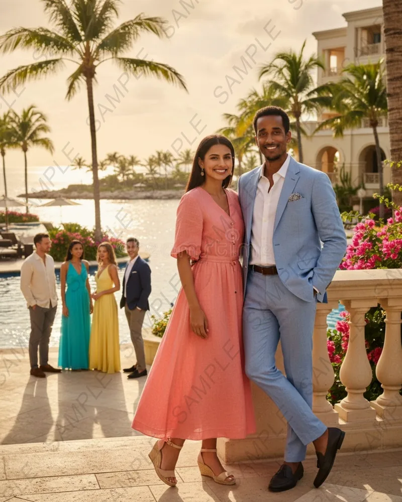 Destination travel AI Photo Booth concept of a couple at a tropical resort