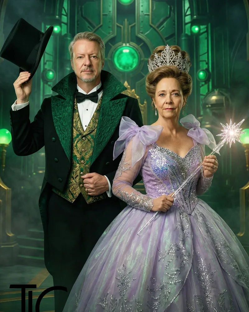 Cinematic fantasy AI Photo Booth concept of guests styled as an emerald-themed wizard and royal