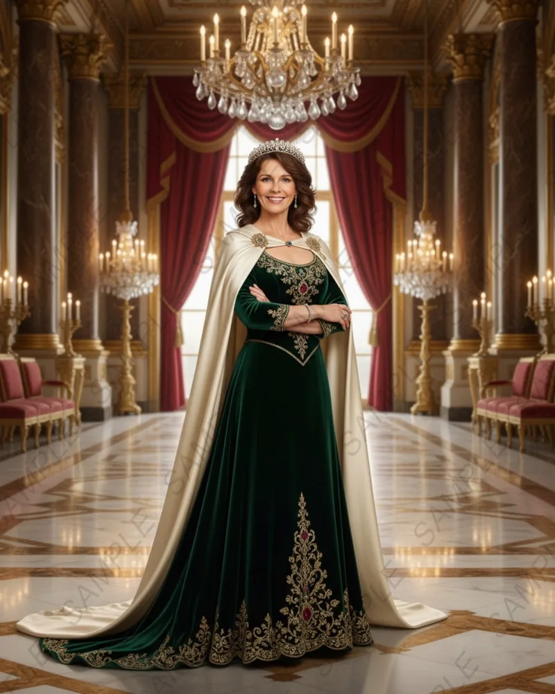 Luxury editorial AI Photo Booth concept of a guest in an emerald gown in an opulent ballroom