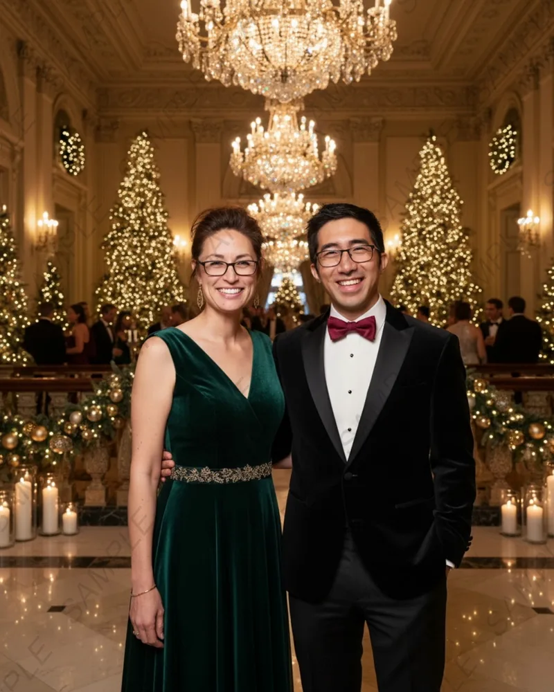 Holiday party AI Photo Booth concept of a couple in formalwear at a festive gala