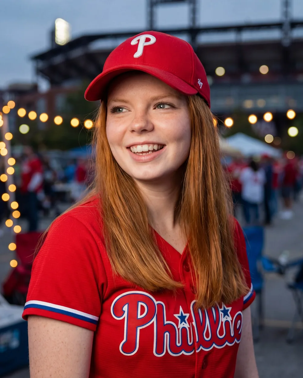 Event guest smiling with her custom AI Photo Booth portrait at an outdoor activation