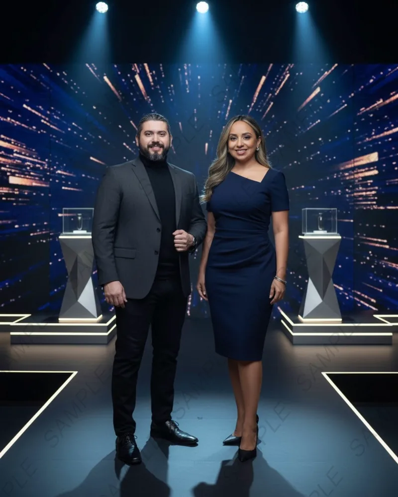 Product launch AI Photo Booth concept of guests on a stage with spotlights and fireworks