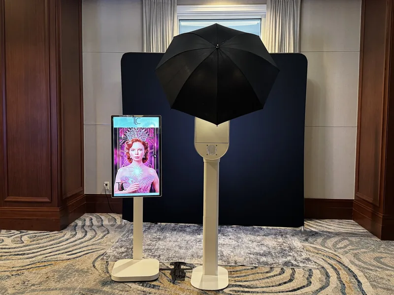 Strata Booth AI Photo Booth capture station with a tablet booth and lighting set up at an event