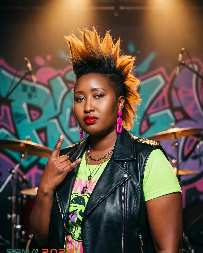 Retro rockstar AI Photo Booth concept of a guest with bold punk styling and a graffiti backdrop