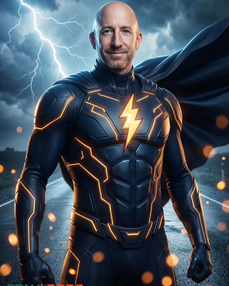 Superhero-inspired AI Photo Booth concept of a guest in a lightning-themed hero suit