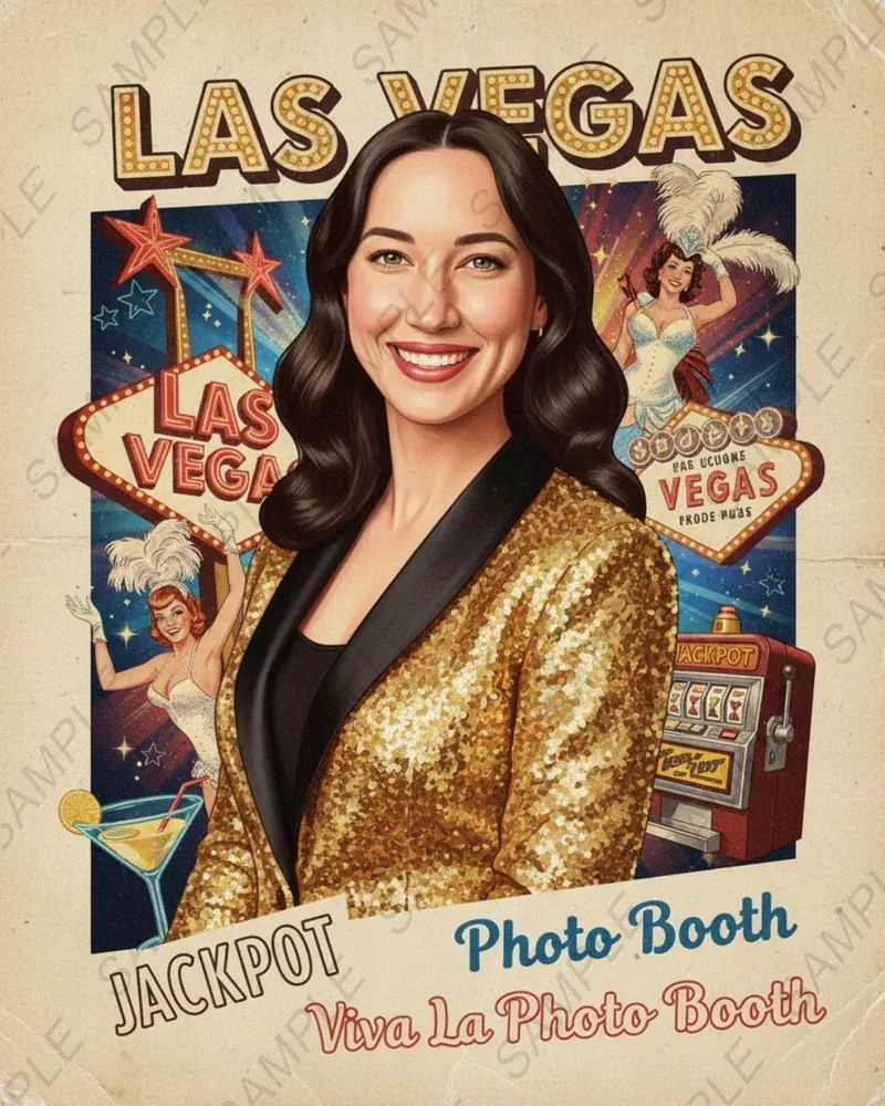 Vintage Las Vegas poster-style AI Photo Booth concept of a guest in gold sequins