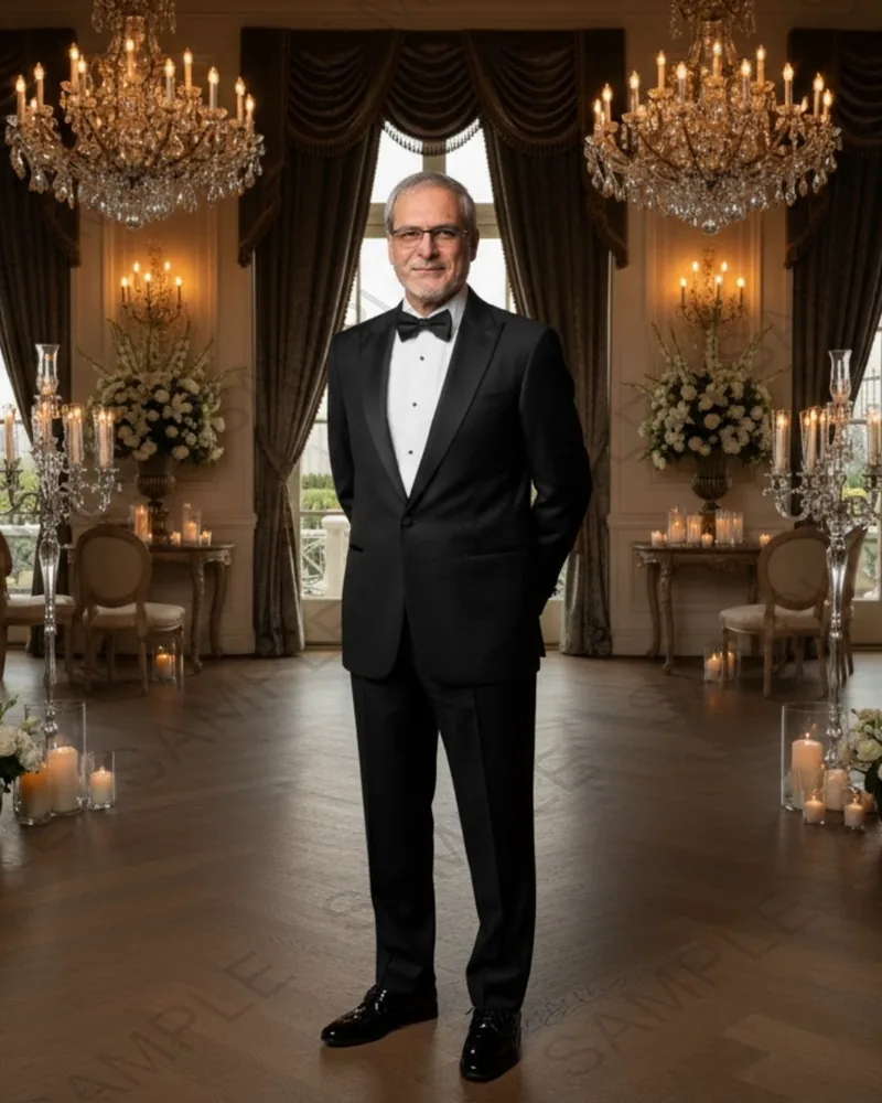 Formal AI Photo Booth concept of a guest in a tuxedo in an elegant floral ballroom