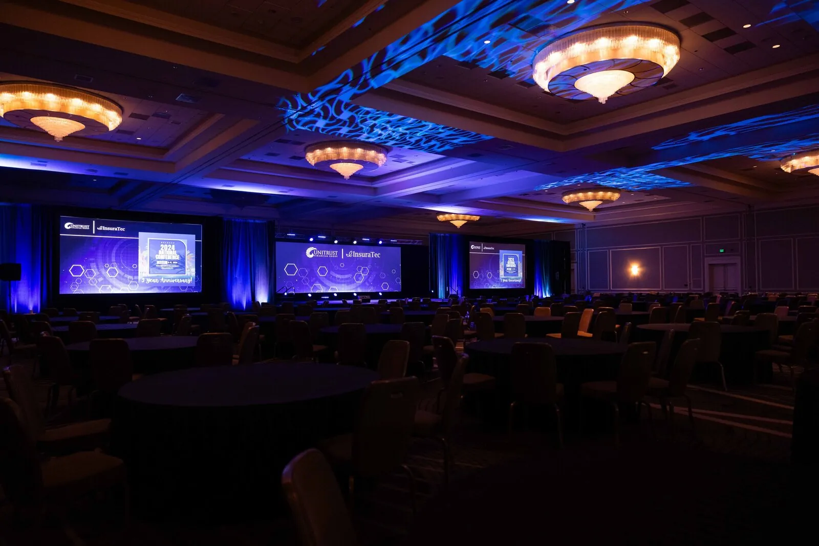 Polished general session ballroom with stage lighting at a corporate brand activation event in Orlando