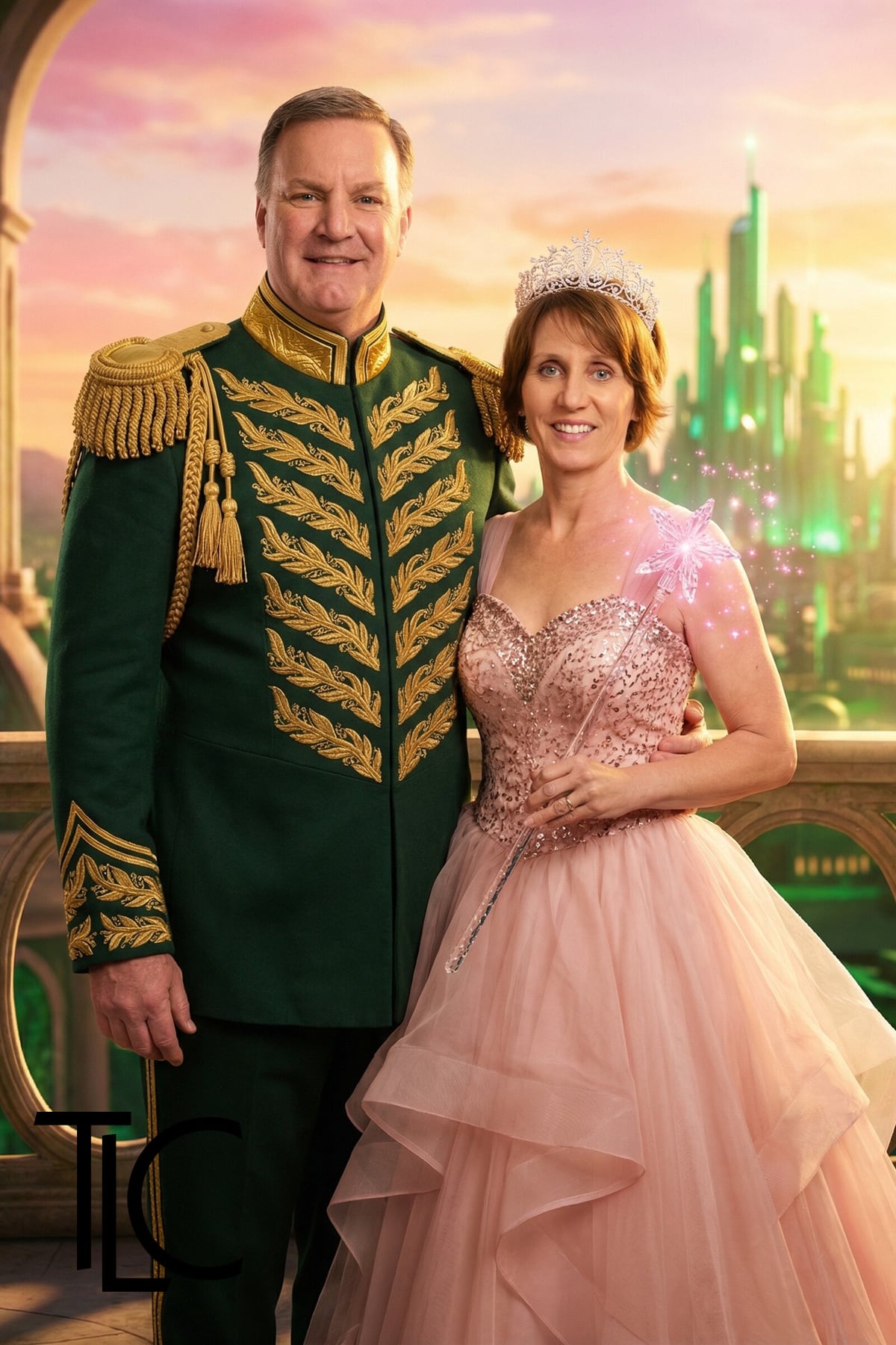 Guests in a polished Emerald City scene produced by Strata's AI photo booth