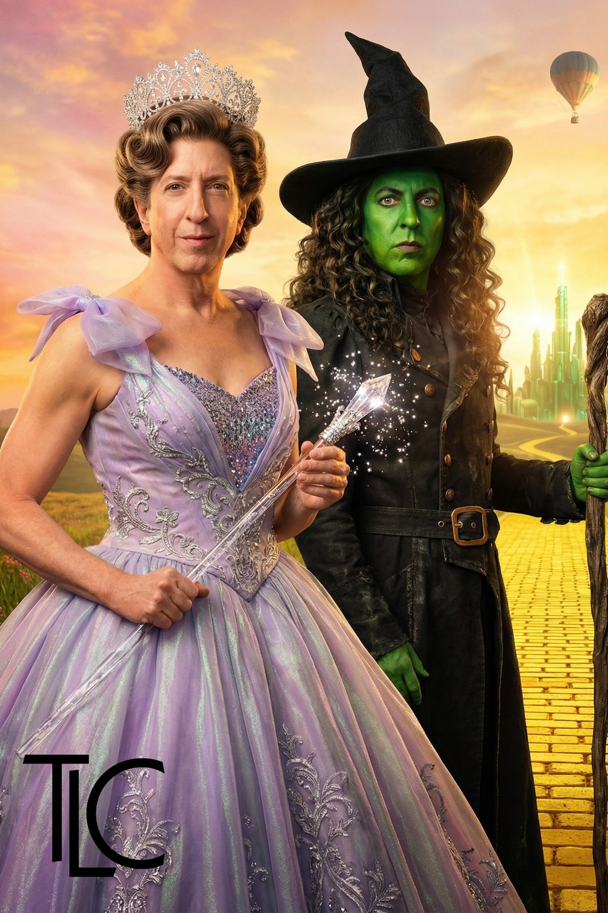 Two guests transformed into coordinated Oz-inspired characters by an AI photo booth