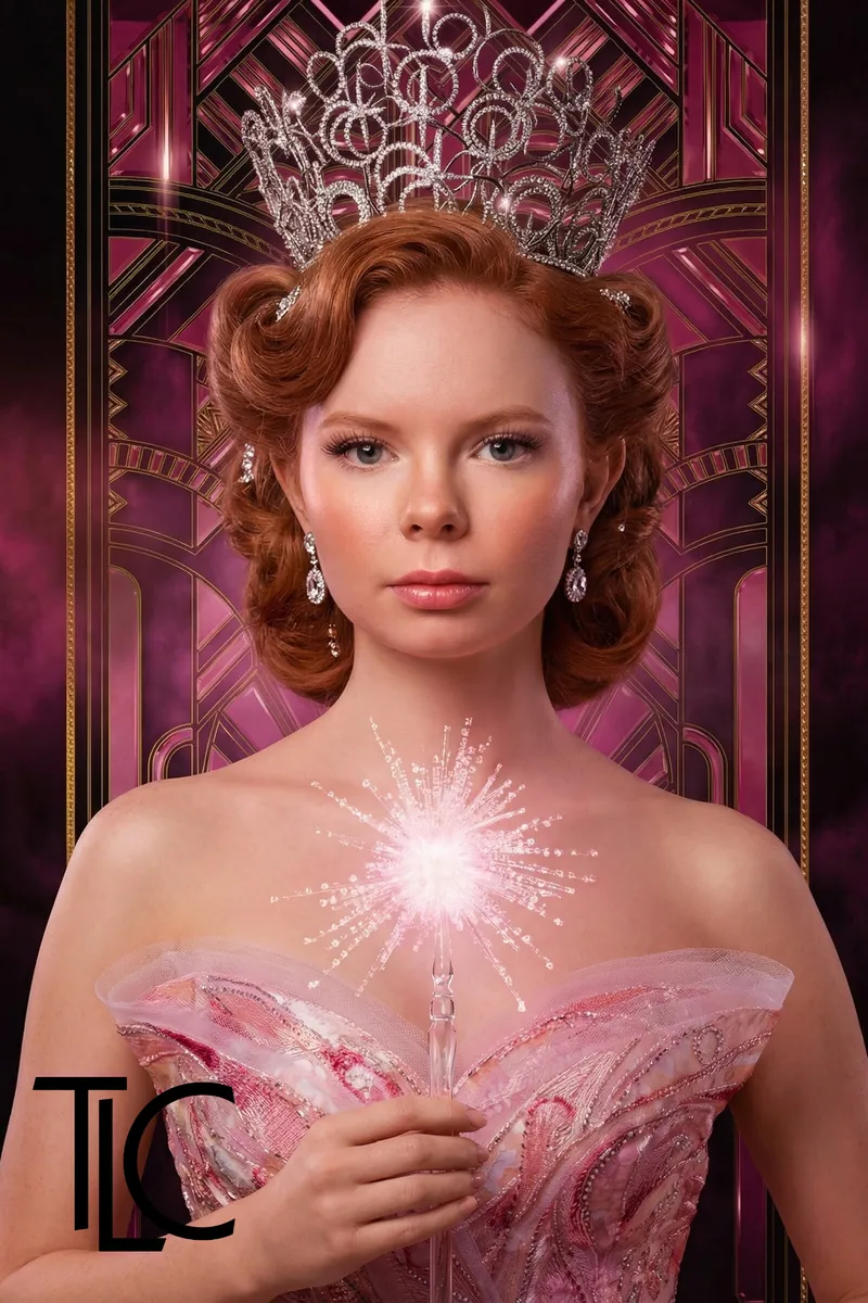 Guest transformed into a pink good-witch character by the Travelers AI photo booth
