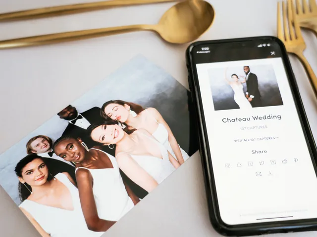 Printed Pro DSLR photo booth card beside a phone showing the branded digital sharing screen