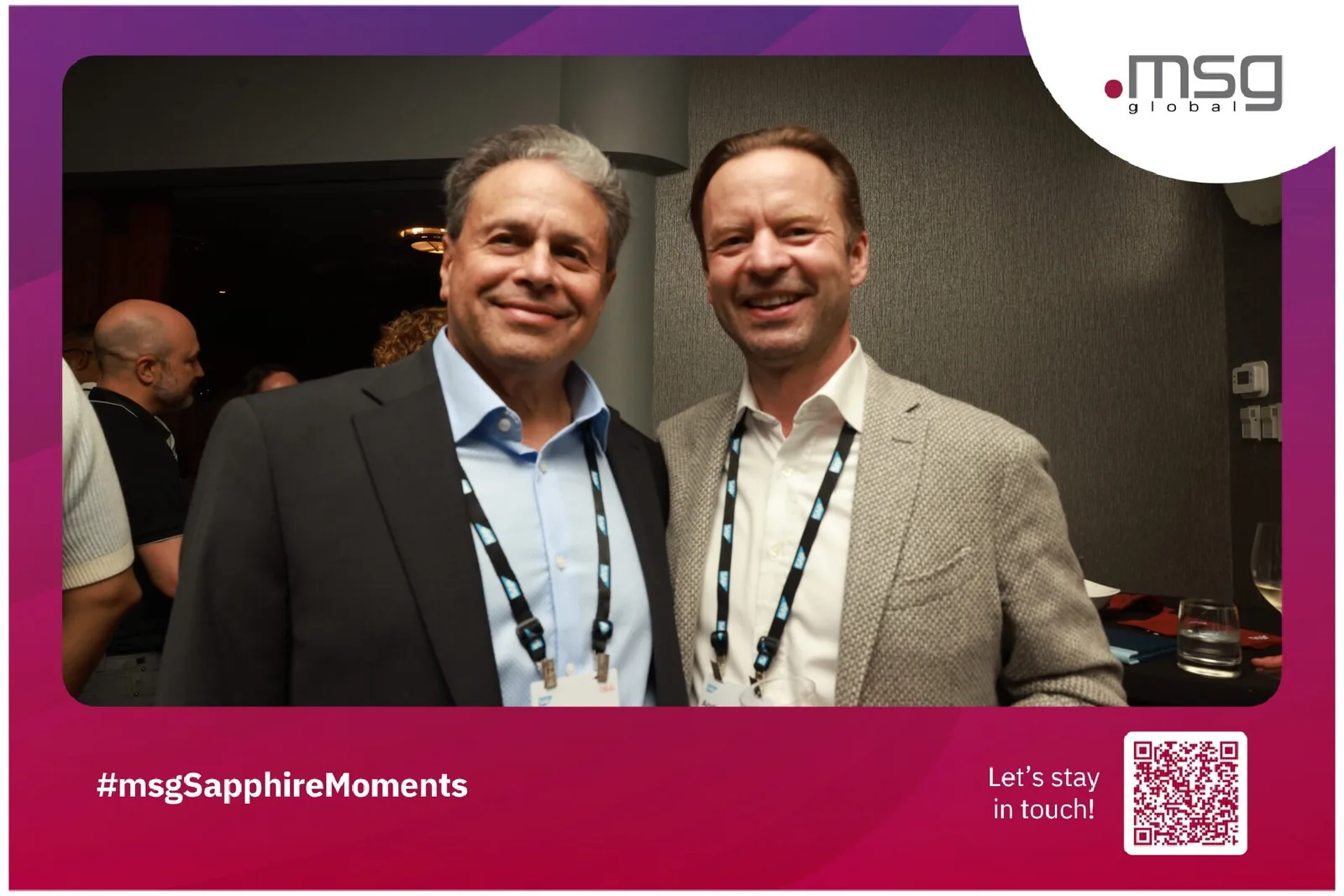 Branded guest photo with event hashtag and QR code from a corporate roaming photo booth